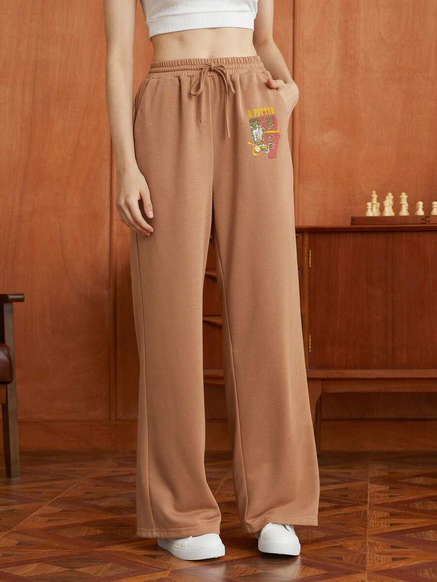 HARRY POTTER X SHEIN 字母圖案腰部抽繩衛褲 - 杏色 - 查看 1