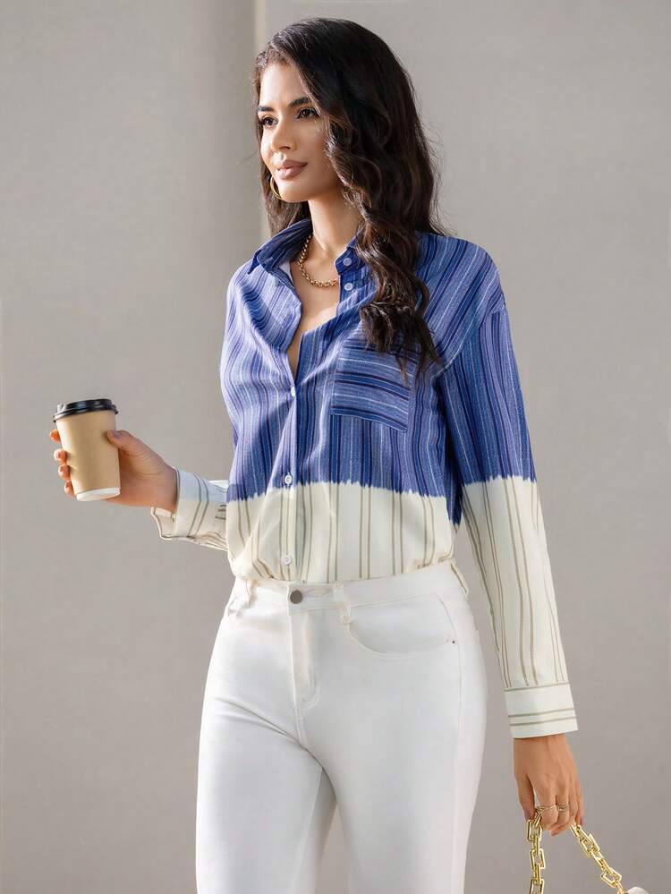 SHEIN Privé Striped Print Colorblock Drop Shoulder Shirt - Multicolor - View 4