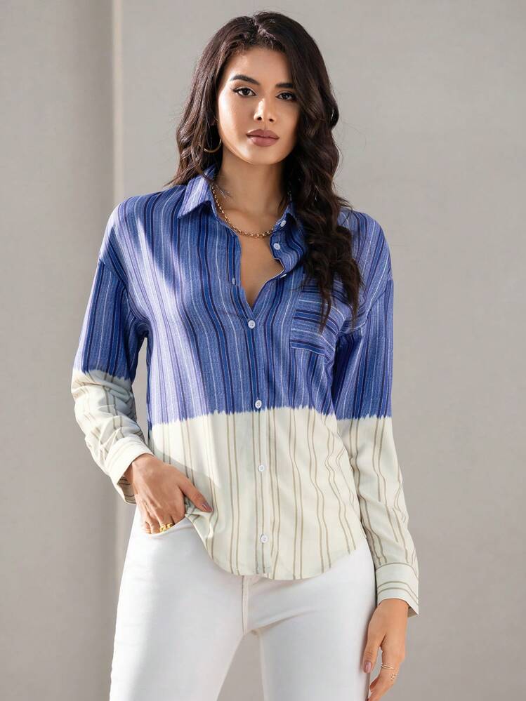 SHEIN Privé Striped Print Colorblock Drop Shoulder Shirt - Multicolor - View 5