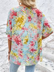 SHEIN LUNE 印花蝙蝠袖開門襟和服罩衫 - 淺藍色 - 查看 2