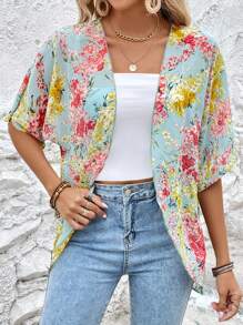 SHEIN LUNE 印花蝙蝠袖開門襟和服罩衫 - 淺藍色 - 查看 3