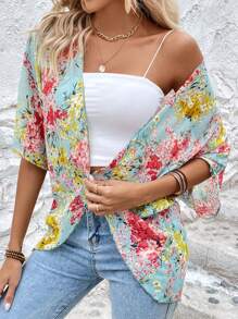 SHEIN LUNE 印花蝙蝠袖開門襟和服罩衫 - 淺藍色 - 查看 4