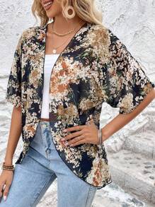 SHEIN LUNE Floral Print Open Front Kimono - Black - View 3