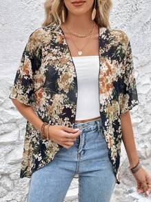 SHEIN LUNE Floral Print Open Front Kimono - Black - View 4
