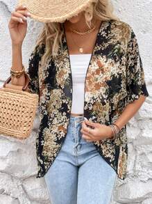SHEIN LUNE Floral Print Open Front Kimono - Black - View 6