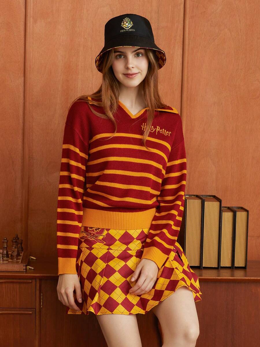 HARRY POTTER X SHEIN 條紋圖案&字母圖案落肩袖套頭毛衣 - 彩色 - 查看 1
