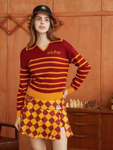 HARRY POTTER X SHEIN 條紋圖案&字母圖案落肩袖套頭毛衣 - 彩色 - 查看 4