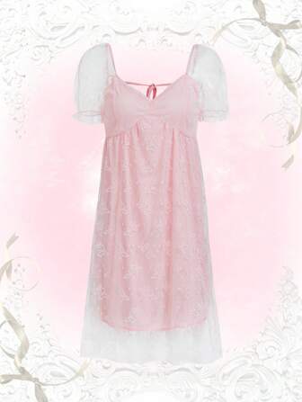 Kleid mit Kontrast Netzstoff, Puffärmeln