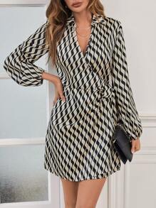 SHEIN Clasi 滿版印花燈籠袖側打結圍裹式連衣裙 - 黑色 - 查看 6