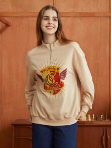 HARRY POTTER X SHEIN Letter Graphic Half Zip Sweatshirt - Apricot - View 2