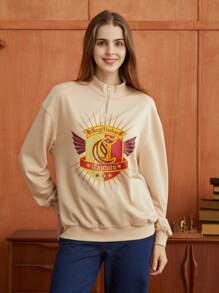 HARRY POTTER X SHEIN Letter Graphic Half Zip Sweatshirt - Apricot - View 1