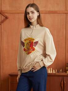HARRY POTTER X SHEIN Letter Graphic Half Zip Sweatshirt - Apricot - View 4