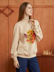 HARRY POTTER X SHEIN Letter Graphic Half Zip Sweatshirt - Apricot - View 6
