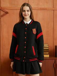 HARRY POTTER X SHEIN 修補細節條紋修飾蝙蝠袖飛行外套 - 黑色 - 查看 1