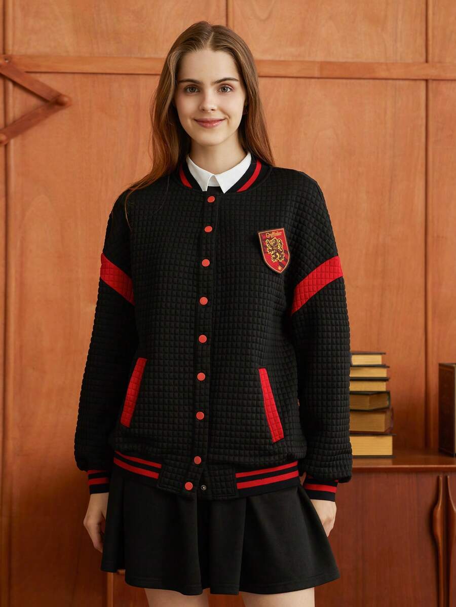 HARRY POTTER X SHEIN 修補細節條紋修飾蝙蝠袖飛行外套 - 黑色 - 查看 1