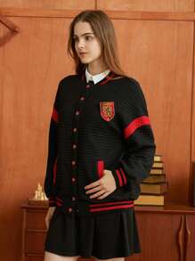 HARRY POTTER X SHEIN 修補細節條紋修飾蝙蝠袖飛行外套 - 黑色 - 查看 4