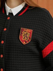 HARRY POTTER X SHEIN 修補細節條紋修飾蝙蝠袖飛行外套 - 黑色 - 查看 6