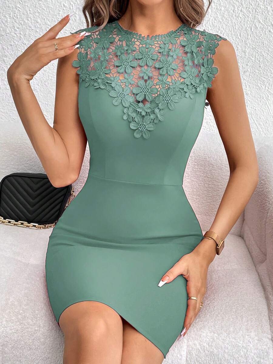 SHEIN Privé Đầm Nút Dây kéo Tương phản ren màu trơn Thanh lịch