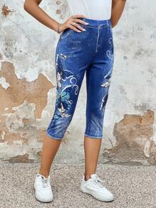 SHEIN LUNE 牛仔效果和印花七分緊身打底褲 - 藍色 - 查看 2