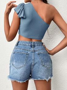 SHEIN Privé One Shoulder Butterfly Sleeve Crop Tee