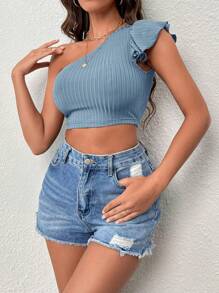 SHEIN Privé One Shoulder Butterfly Sleeve Crop Tee