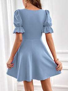 SHEIN Privé Square Neck Puff Sleeve A-line Dress - Blue - View 2
