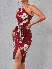 SHEIN Privé 印花單肩鬱金香下擺繫腰帶洋裝 - 酒紅色 - 查看 4