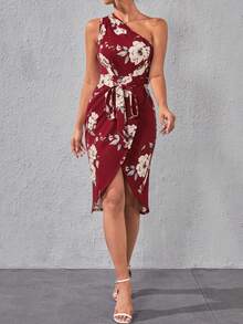 SHEIN Privé 印花單肩鬱金香下擺繫腰帶洋裝 - 酒紅色 - 查看 5