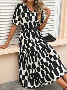 SHEIN Clasi Geo Print Puff Sleeve Ruffle Hem Dress