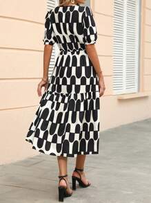 SHEIN Clasi Geo Print Puff Sleeve Ruffle Hem Dress