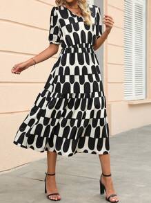 SHEIN Clasi Geo Print Puff Sleeve Ruffle Hem Dress