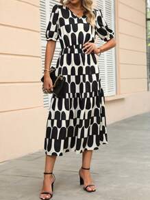SHEIN Clasi Geo Print Puff Sleeve Ruffle Hem Dress