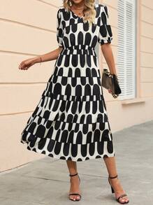SHEIN Clasi Geo Print Puff Sleeve Ruffle Hem Dress