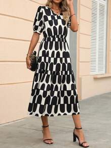 SHEIN Clasi Geo Print Puff Sleeve Ruffle Hem Dress