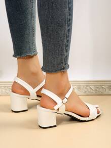 Xăng đan nữ có khóa trang trí gót chunky, Xăng đan có dây đeo đến mắt cá chân màu be thanh lịch cho mùa hè - Màu be - Xem 3