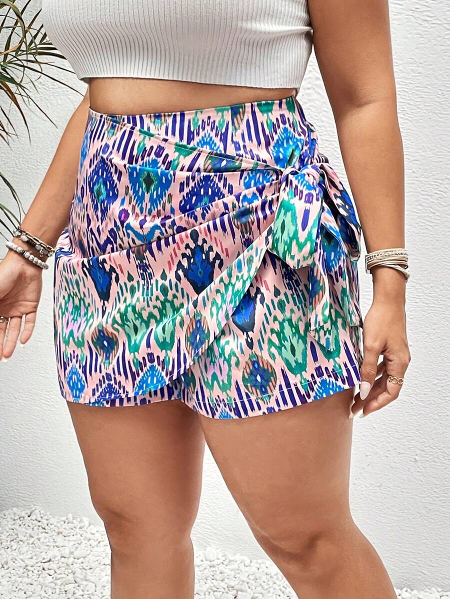 SHEIN VCAY 大碼滿版印花側打結圍裹裙裤 - 藍色 - 查看 1