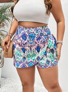 SHEIN VCAY 大碼滿版印花側打結圍裹裙裤 - 藍色 - 查看 3