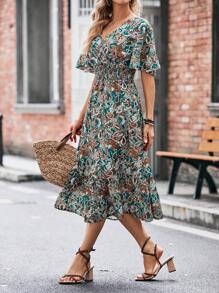 SHEIN LUNE Paisley Print Butterfly Sleeve Ruffle Hem Dress - Dark Green - View 3