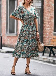 SHEIN LUNE Paisley Print Butterfly Sleeve Ruffle Hem Dress - Dark Green - View 5