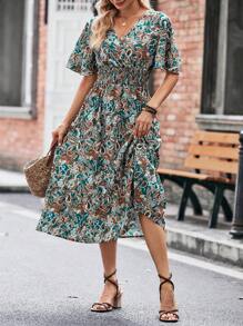 SHEIN LUNE Paisley Print Butterfly Sleeve Ruffle Hem Dress - Dark Green - View 1
