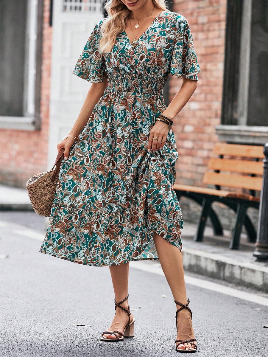 SHEIN LUNE Paisley Print Butterfly Sleeve Ruffle Hem Dress - Dark Green - View 1