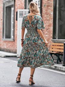 SHEIN LUNE Paisley Print Butterfly Sleeve Ruffle Hem Dress - Dark Green - View 6