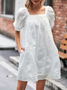 SHEIN LUNE 方領泡泡袖洋裝 - 白色 - 查看 5