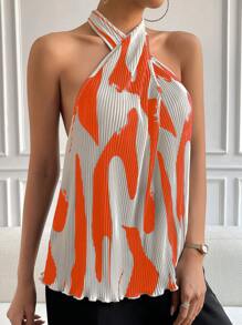 SHEIN Privé 圖案印花十字交叉掛脖上衣 - 橘色 - 查看 6