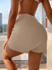 SHEIN Cottnline High Waist Skinny Shorts - Beige - View 2