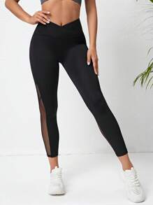 Yoga Sxy 網紗拼接寬腰帶運動打底褲 - 黑色 - 查看 3