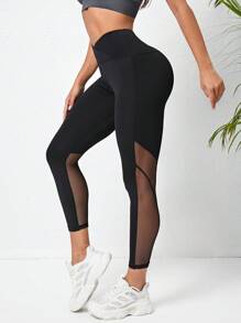 Yoga Sxy 網紗拼接寬腰帶運動打底褲 - 黑色 - 查看 4