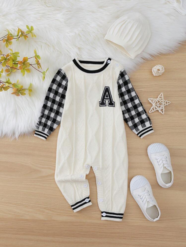 Baby Girl Contrast Gingham Sleeve Letter Patched Striped Trim Cable Knit Jumpsuit