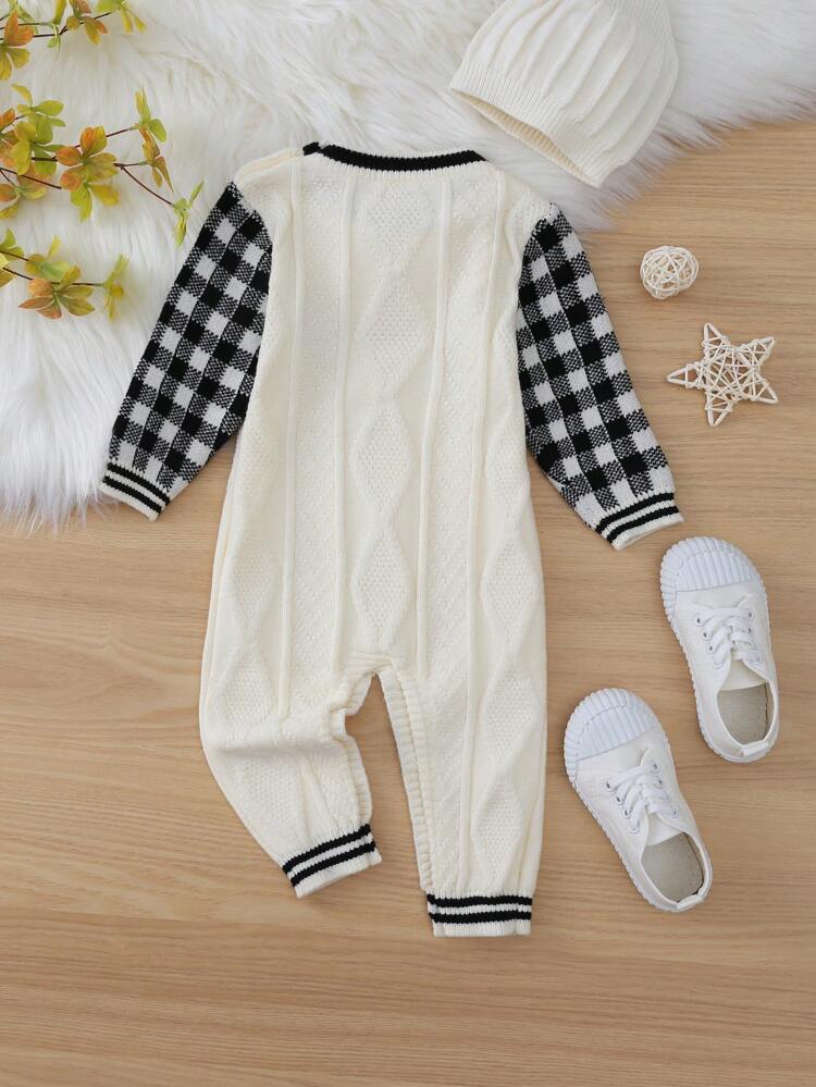 Baby Girl Contrast Gingham Sleeve Letter Patched Striped Trim Cable Knit Jumpsuit