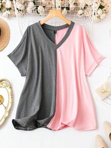 SHEIN LUNE 大碼雙色蝙蝠袖T恤 - 粉色 - 查看 1